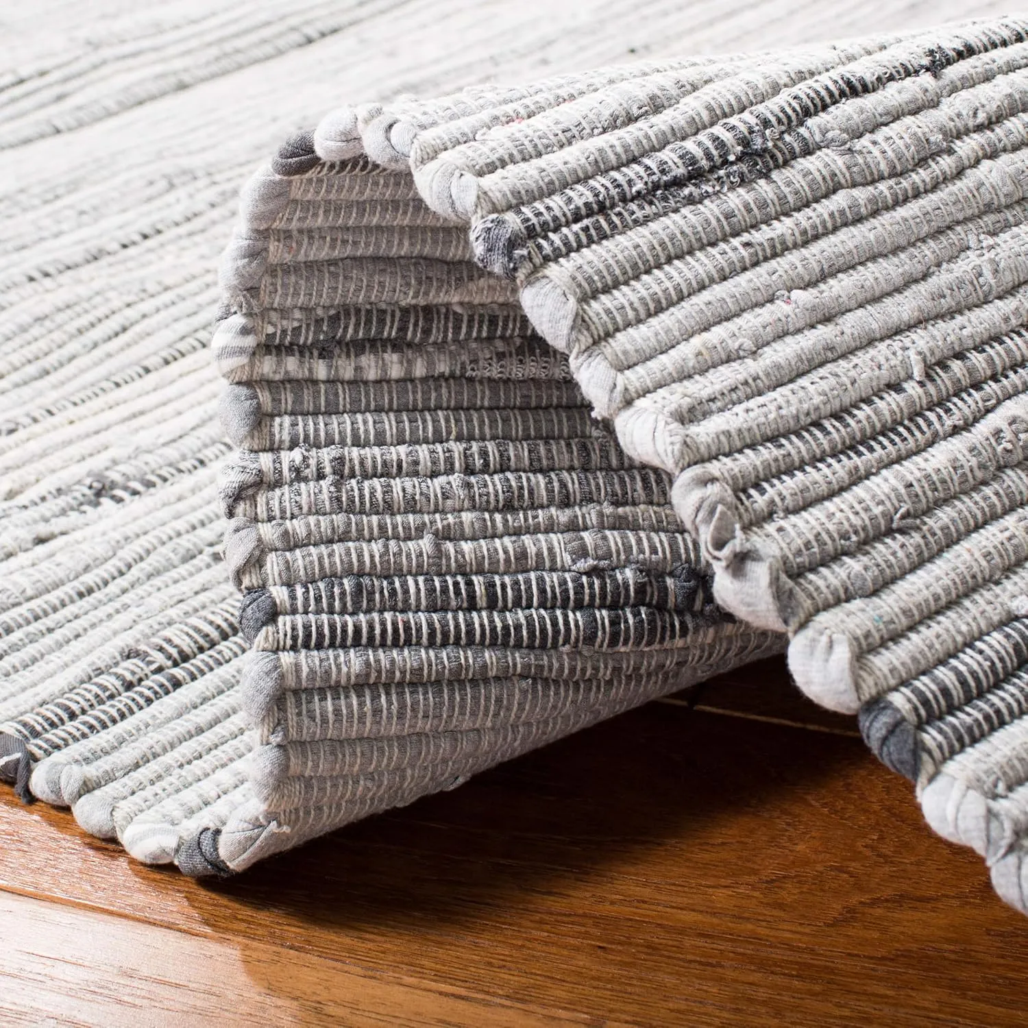 SAFAVIEH Rag Rug Collection Area Rug - 8' x 10', Grey, Handmade Boho Stripe Cotton, Ideal for High Traffic Areas in Living Room, Bedroom (RAR121A)