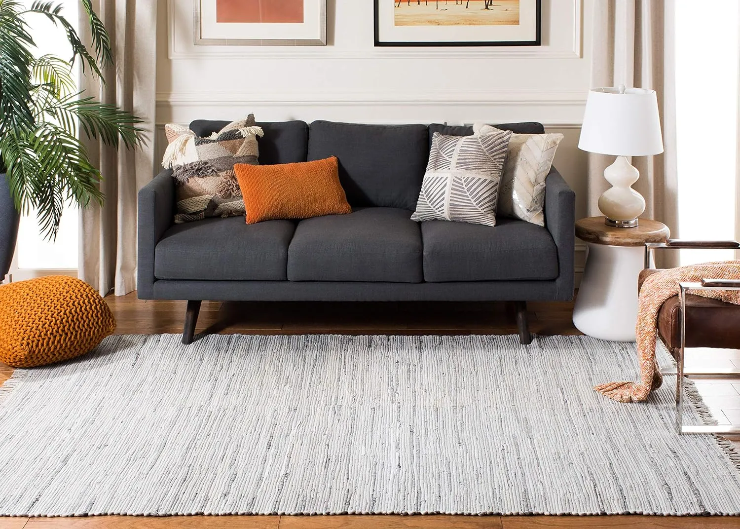 SAFAVIEH Rag Rug Collection Area Rug - 8' x 10', Grey, Handmade Boho Stripe Cotton, Ideal for High Traffic Areas in Living Room, Bedroom (RAR121A)