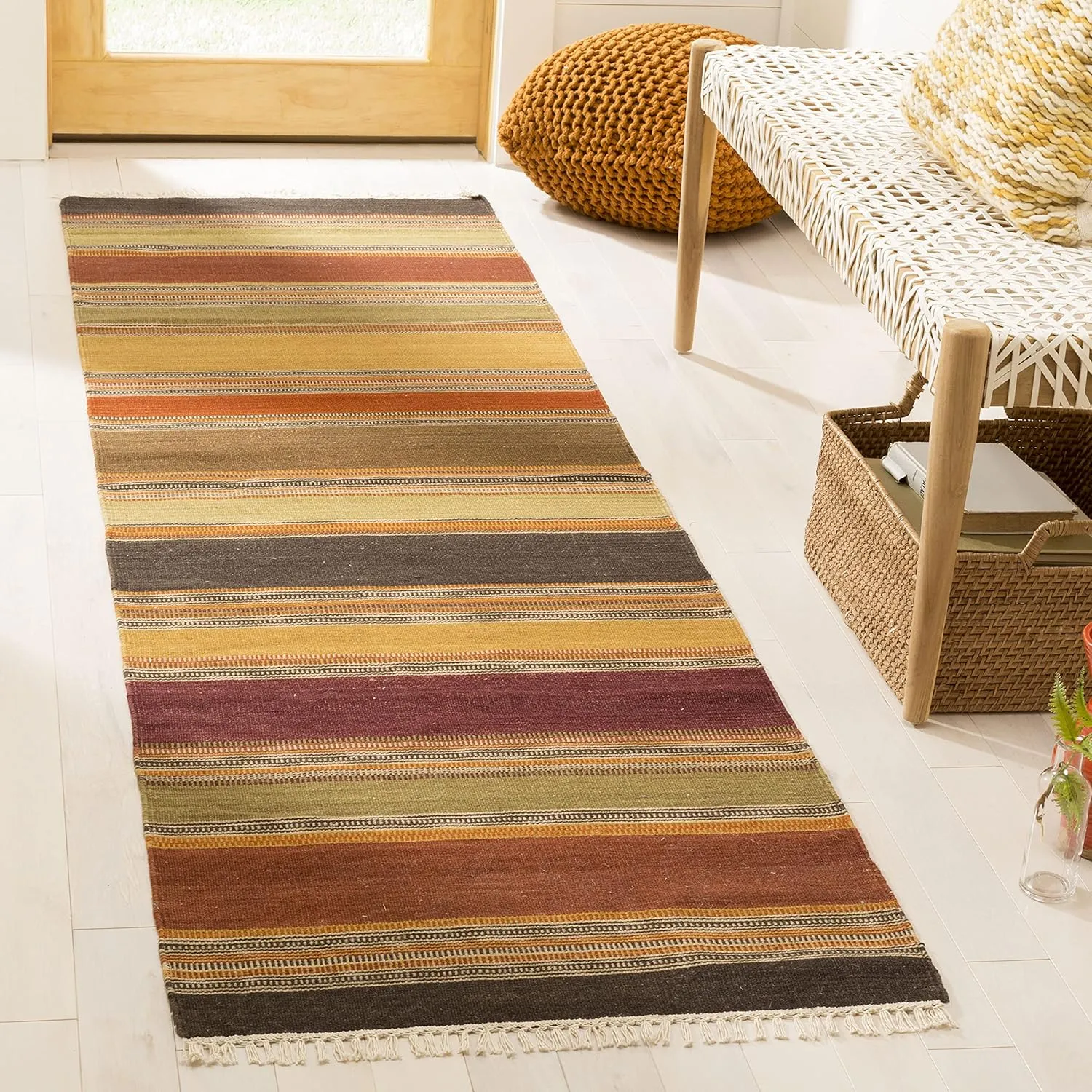 SAFAVIEH Striped Kilim Collection 2'3" x 10' Gold STK315A Handmade Flatweave Wool Runner Rug