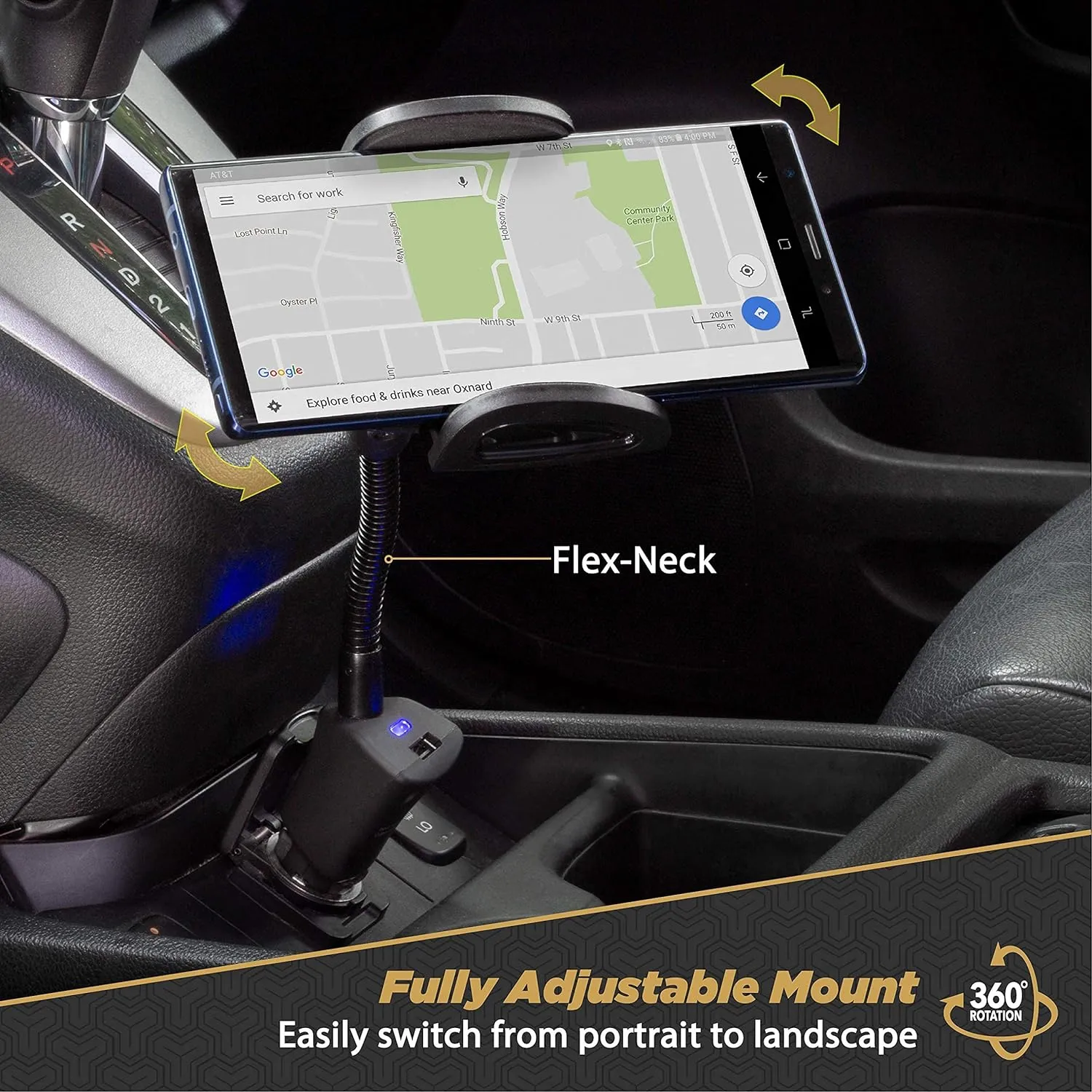Scosche SUH12V Select Power Socket Mount with Phone Mount for Car, Flexible Neck, and USB Charging Port, 360 Rotation, Black