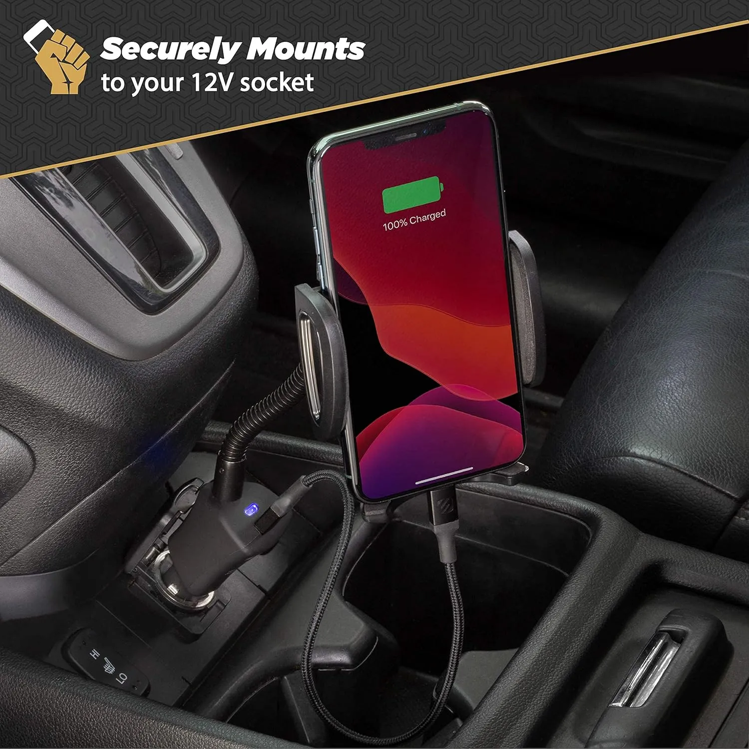 Scosche SUH12V Select Power Socket Mount with Phone Mount for Car, Flexible Neck, and USB Charging Port, 360 Rotation, Black
