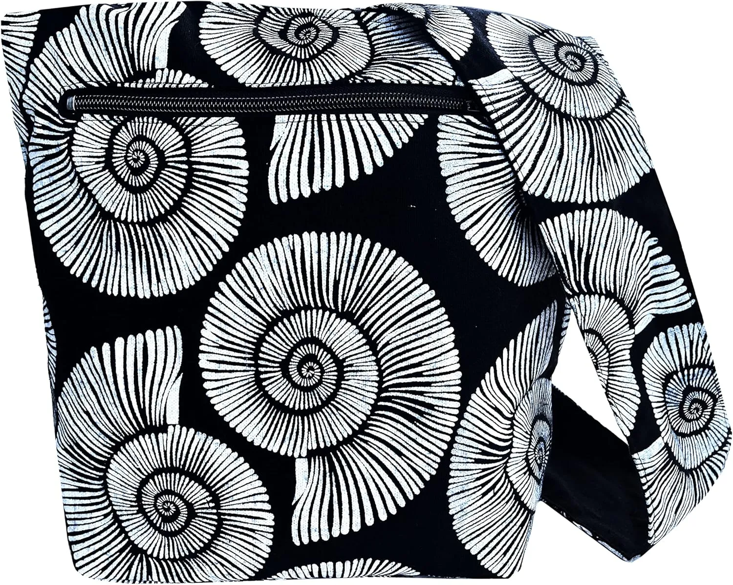 Sea Shell Crossbody Bag - Fully Lined with Front Zippered Pocket - Hippie Hobo Snail Shoulder Purse - Black and White - Medium