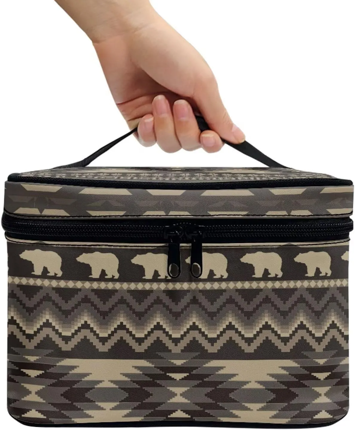 SEANATIVE Aztec Bear Makeup Bag with Handle for Women Travel Cosmetic Organizer Makeup Carrying Case Portable Pouch