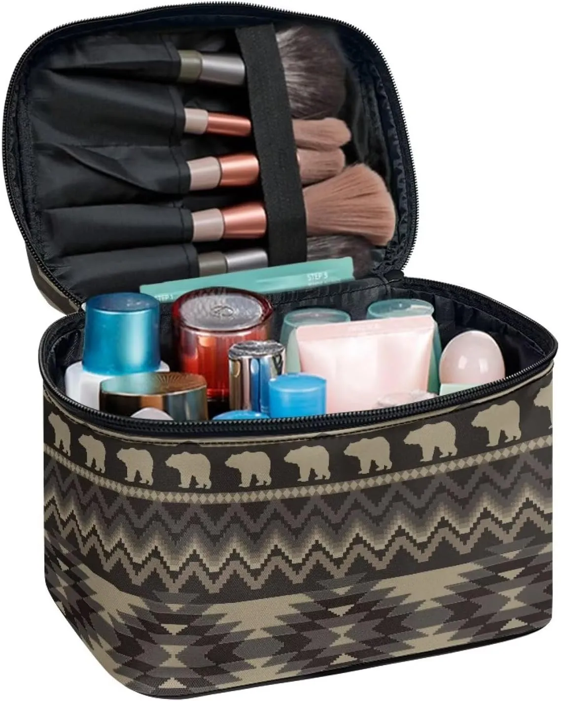 SEANATIVE Aztec Bear Makeup Bag with Handle for Women Travel Cosmetic Organizer Makeup Carrying Case Portable Pouch