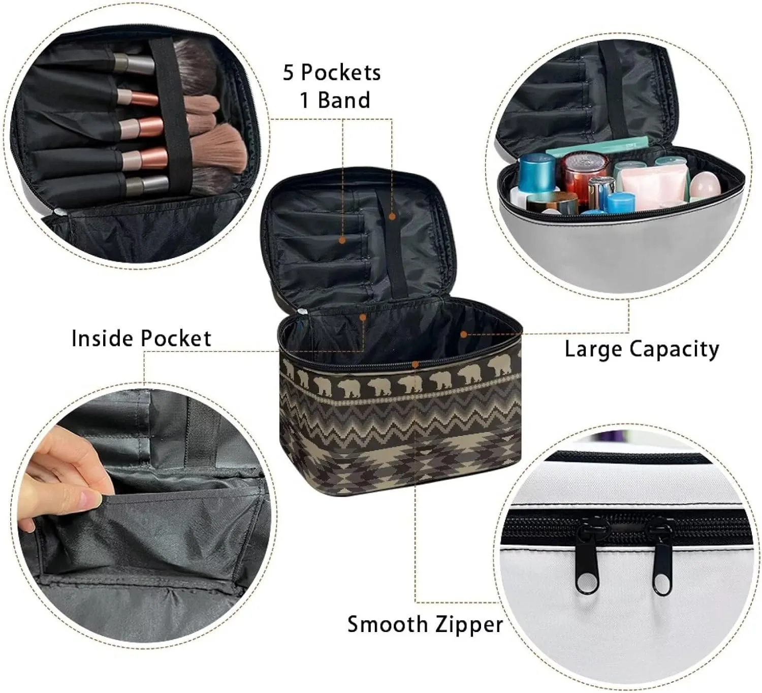 SEANATIVE Aztec Bear Makeup Bag with Handle for Women Travel Cosmetic Organizer Makeup Carrying Case Portable Pouch