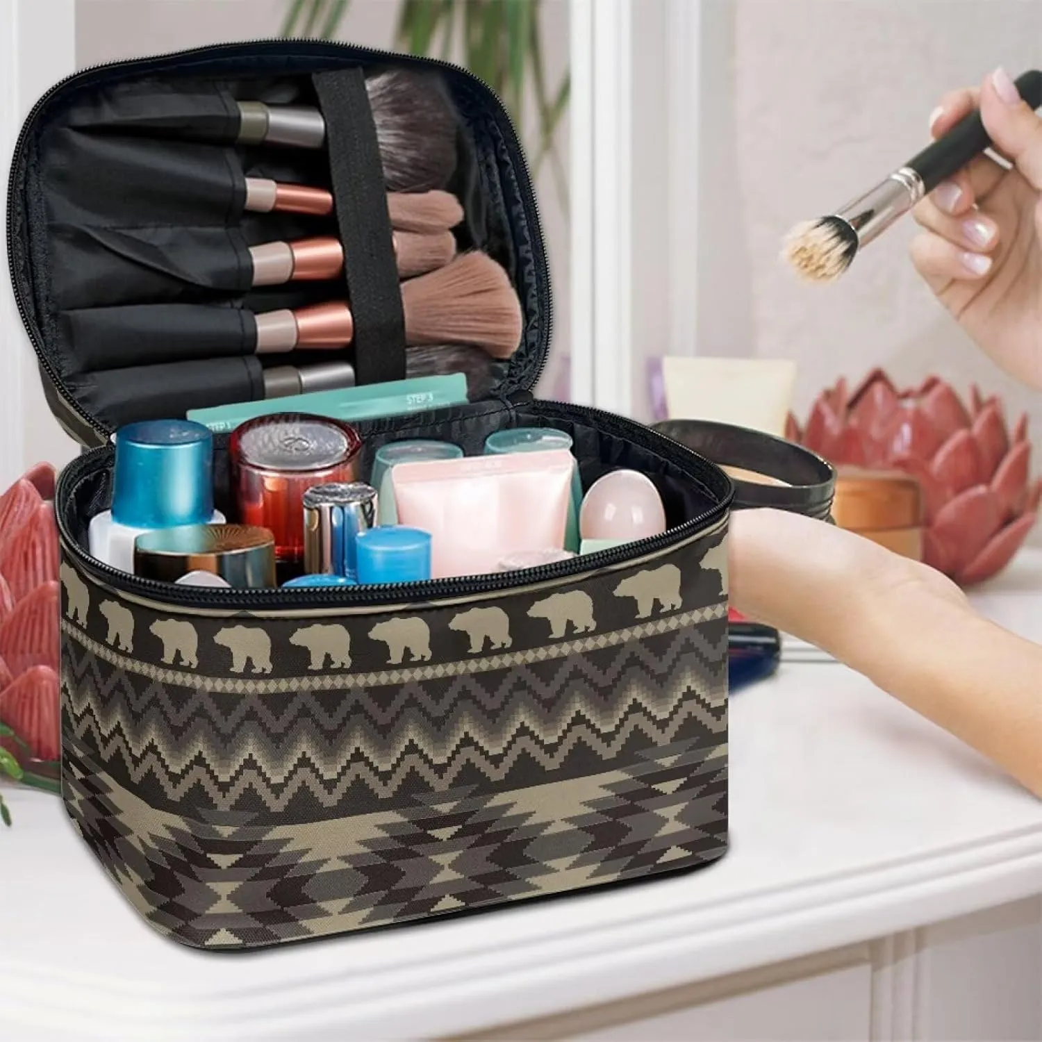 SEANATIVE Aztec Bear Makeup Bag with Handle for Women Travel Cosmetic Organizer Makeup Carrying Case Portable Pouch
