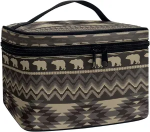 SEANATIVE Aztec Bear Makeup Bag with Handle for Women Travel Cosmetic Organizer Makeup Carrying Case Portable Pouch