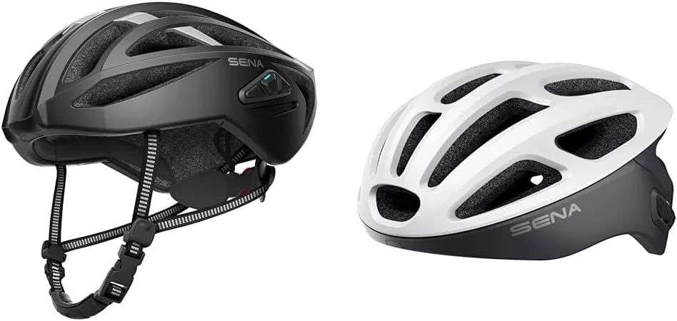 Sena R2 Road Cycling Bluetooth Helmet & R1 Smart Cycling Helmet Bundle (Matte Black & Matte White, Large)