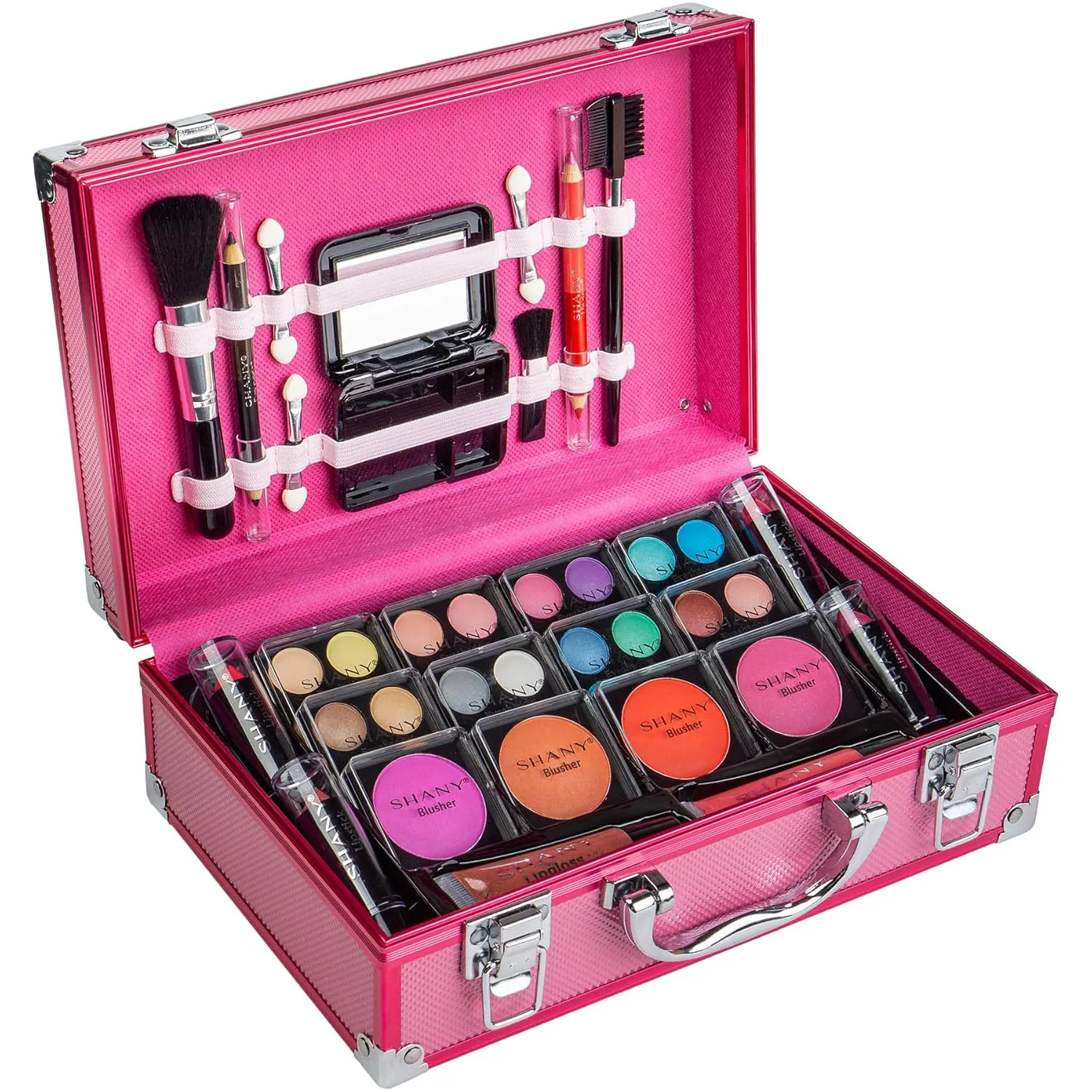 SHANY Carry All Makeup Train Case with Pro Makeup Set, Makeup Brushes, Lipsticks, Eye Shadows, Blushes, Powders, and more - Reusable Makeup Storage Organizer - Premium Gift Packaging - Pink
