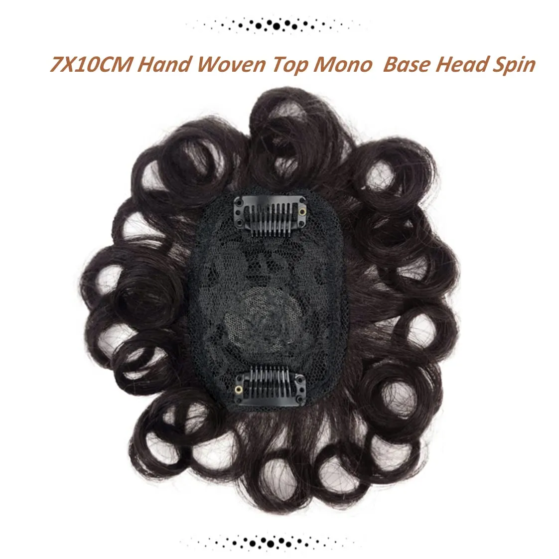 Short Curly Human Hair Topper Dark Brown Top Hairpiece Clip in Toupee Replacement Hair Piece 7x10cm Hand Woven Head Spin Topper Clip on Wave Hair Extensions Add Hair Volume