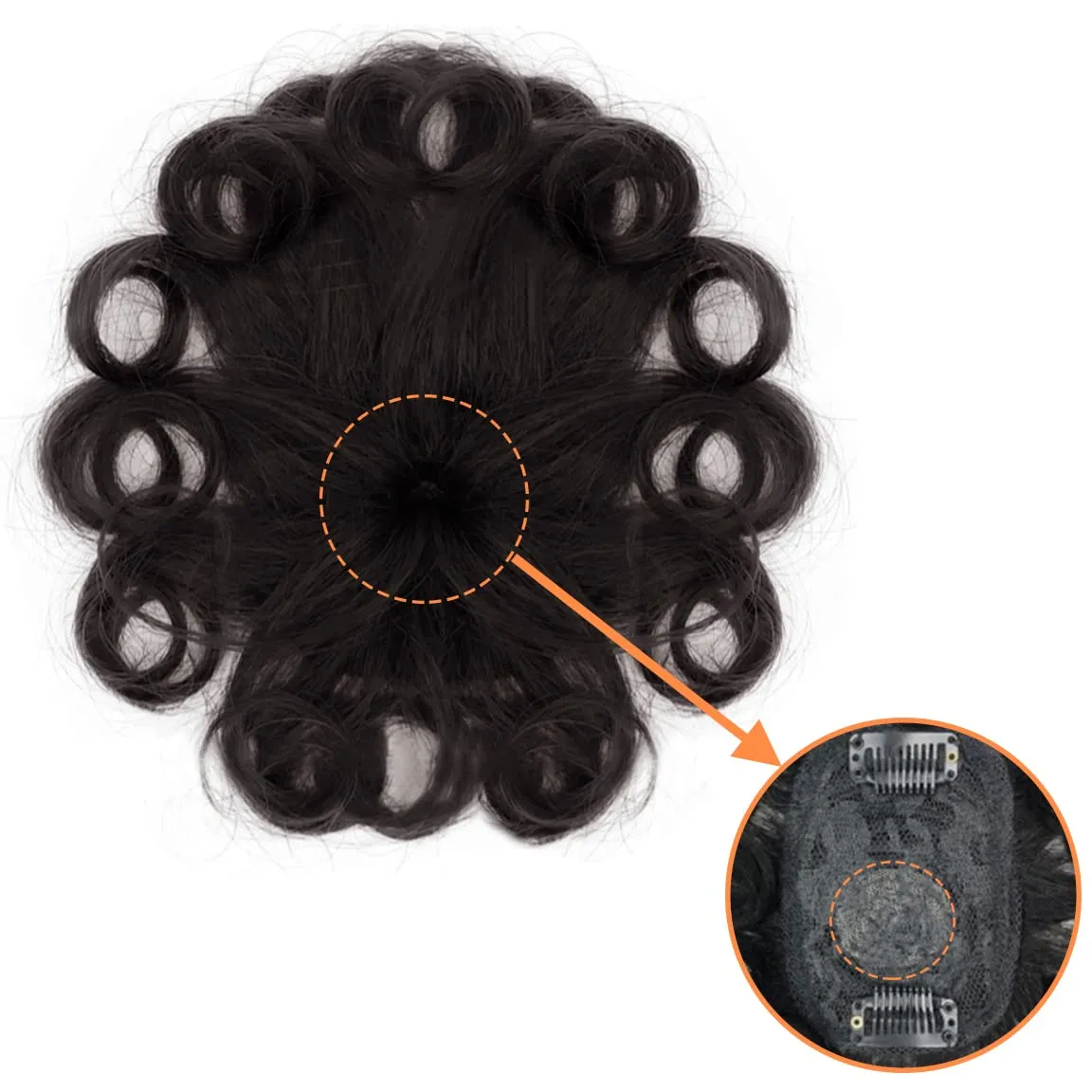 Short Curly Human Hair Topper Dark Brown Top Hairpiece Clip in Toupee Replacement Hair Piece 7x10cm Hand Woven Head Spin Topper Clip on Wave Hair Extensions Add Hair Volume