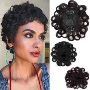 Short Curly Human Hair Topper Dark Brown Top Hairpiece Clip in Toupee Replacement Hair Piece 7x10cm Hand Woven Head Spin Topper Clip on Wave Hair Extensions Add Hair Volume