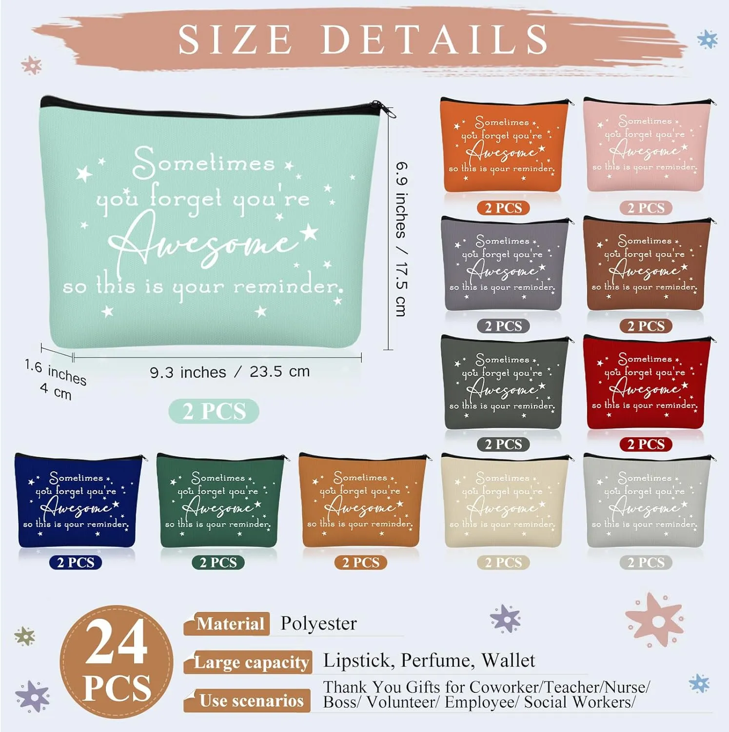 Sieral 24 Pcs Inspirational Makeup Bag Appreciation Nurse Gift for Women You're Awesome Cosmetic Bags Employee Motivational Gifts for Coworkers Teacher Mom Assistant Nurse (Classic Color)