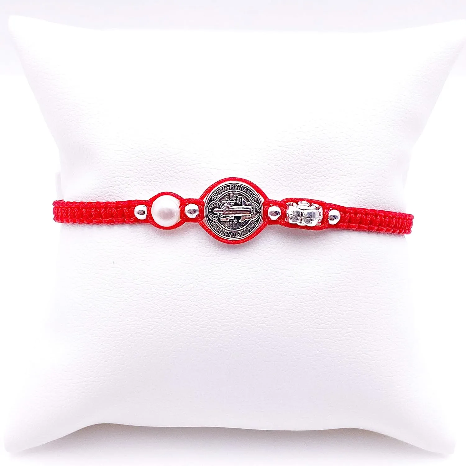 SIFRIMANIA St Benedict Freshwater Pearl Cross Red Bracelet for all Ages Women Protection Jewelry (Silver Plated)