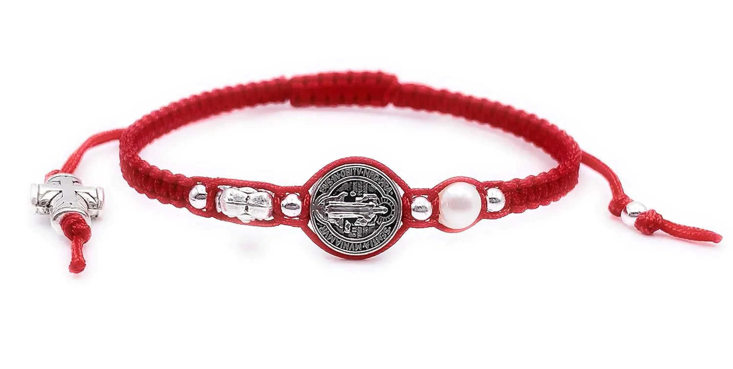 SIFRIMANIA St Benedict Freshwater Pearl Cross Red Bracelet for all Ages Women Protection Jewelry (Silver Plated)