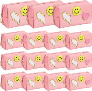 Silkfly 15 Pcs Preppy Patch Makeup Bag Bulk End of the Year Teacher Gifts Bulk Cosmetic Toiletry Bag Smile Lightning Heart PU Leather Portable Waterproof Makeup Cosmetic Purse for Women(Pink)