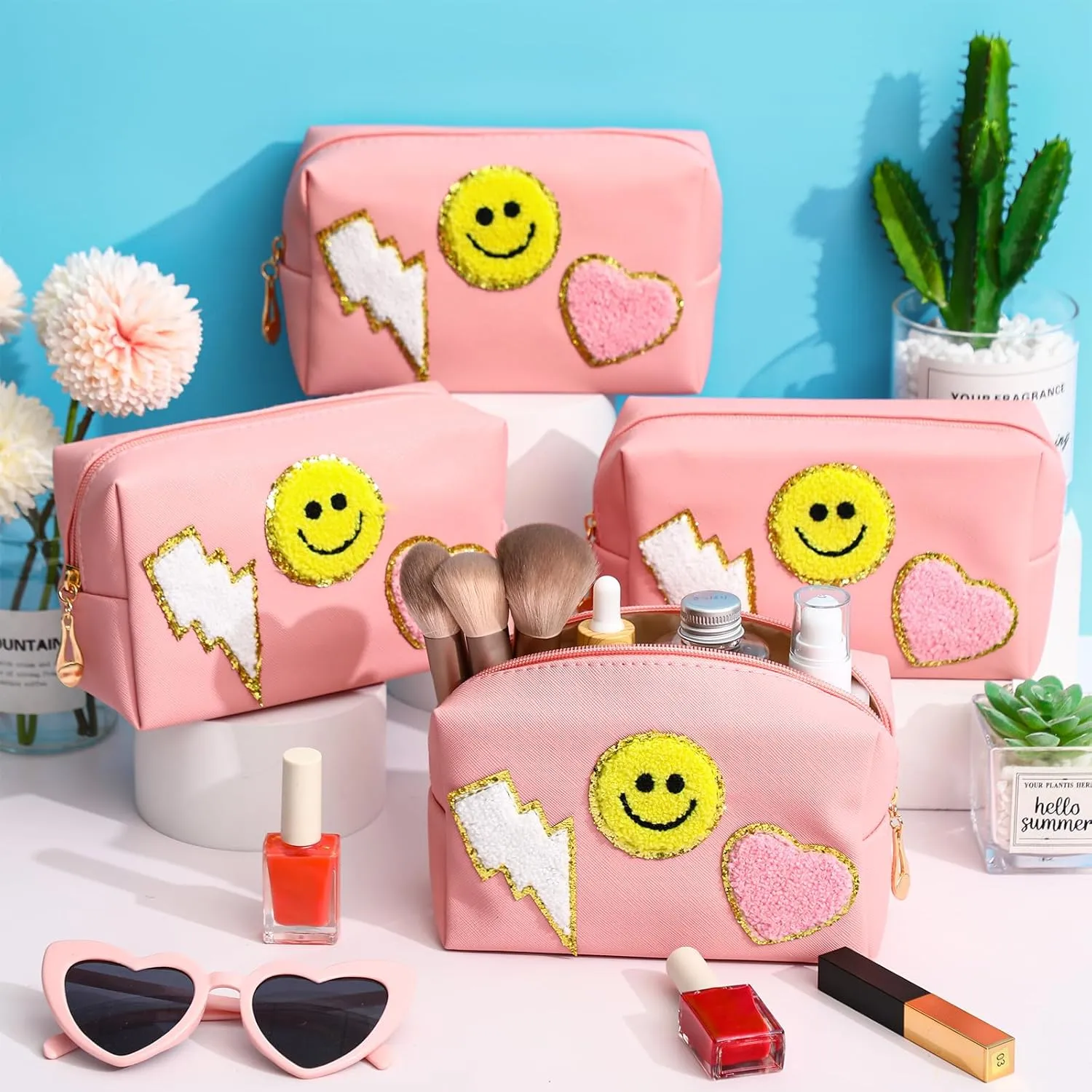 Silkfly 15 Pcs Preppy Patch Makeup Bag Bulk End of the Year Teacher Gifts Bulk Cosmetic Toiletry Bag Smile Lightning Heart PU Leather Portable Waterproof Makeup Cosmetic Purse for Women(Pink)