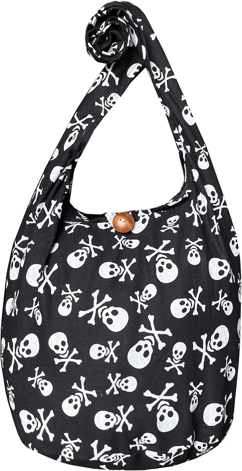 Skull Boho Crossbody - Gothic Shoulder Bag - Hippie Hobo Punk Rock Purse - Medium 33"
