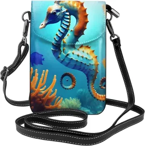 Small Cell Phone Purse - Stylish Quality And Soft Leather Messenger Horizontal Purse Crossbody Flap Phone Case For Women Seabed coral seahorse Printed