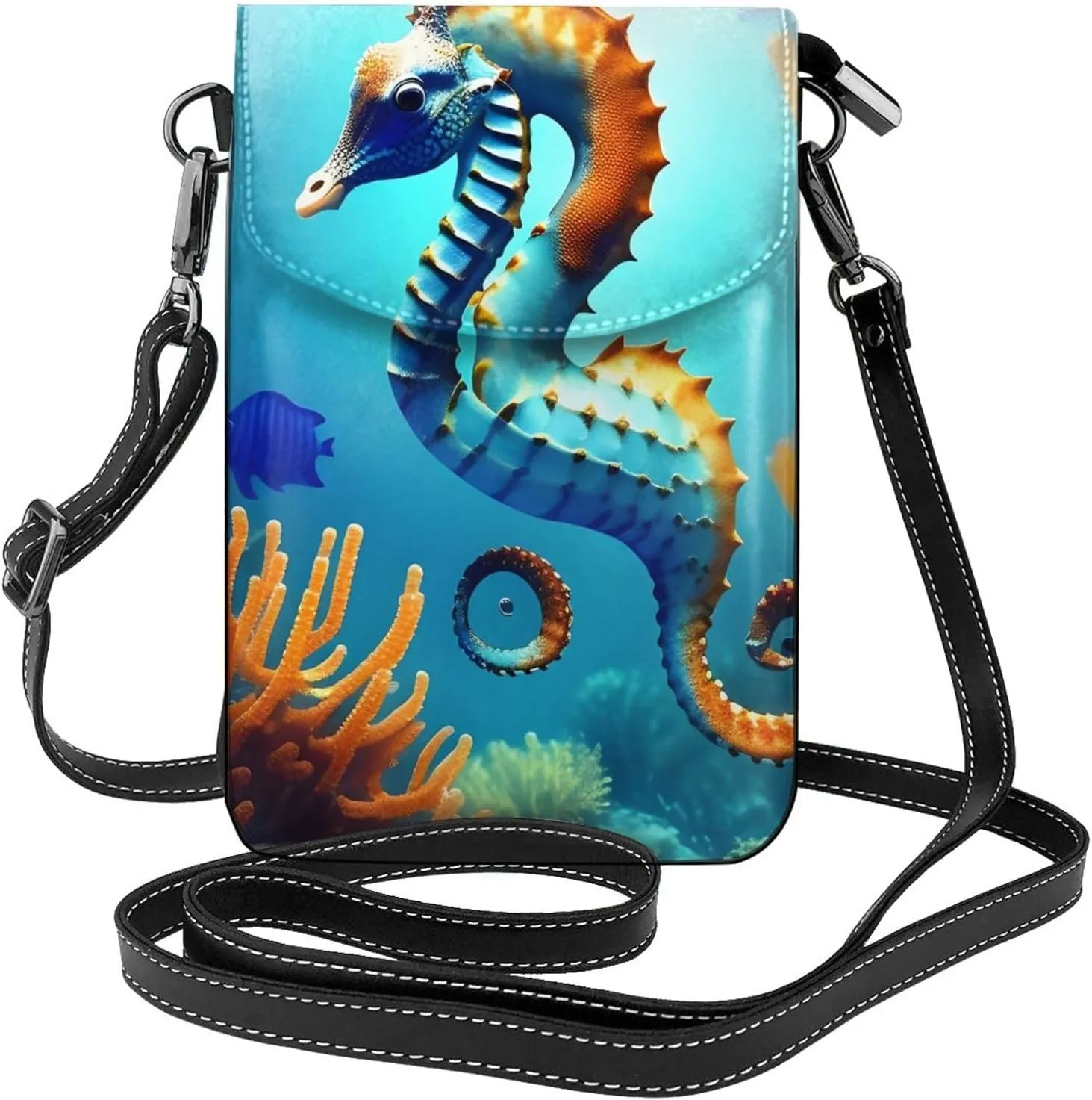 Small Cell Phone Purse - Stylish Quality And Soft Leather Messenger Horizontal Purse Crossbody Flap Phone Case For Women Seabed coral seahorse Printed