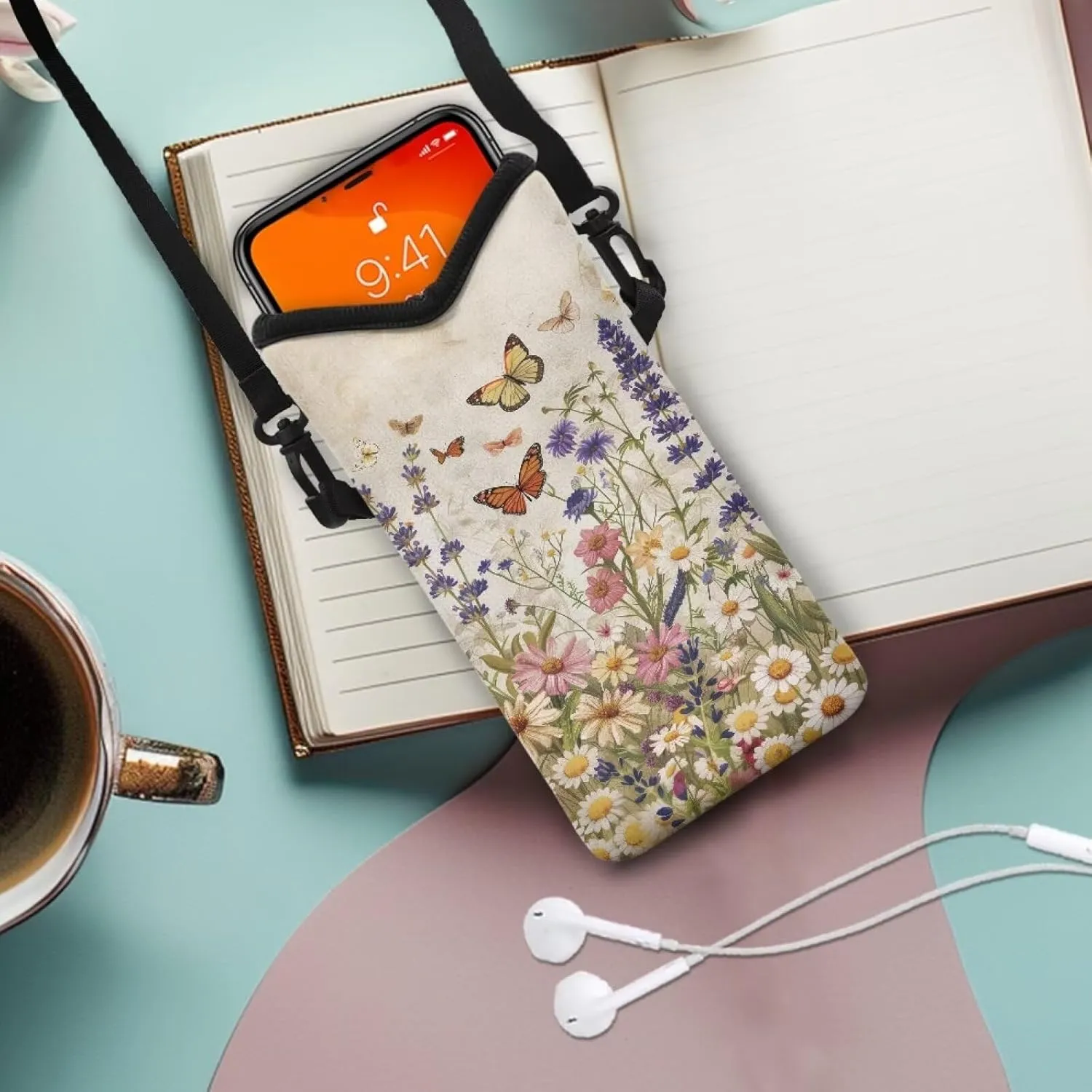 Small Crossbody Bag for Women Men Durable Cell Phone Bag Phone Case Phone Pouch Phone Protection Bag with Adjustable Strap Vacation Accessories, Vintage Daisy Lavender Butterfly Print
