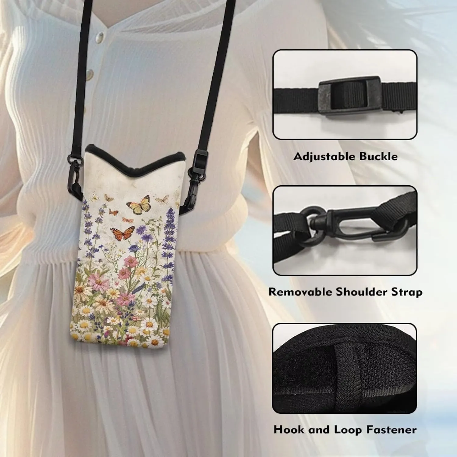 Small Crossbody Bag for Women Men Durable Cell Phone Bag Phone Case Phone Pouch Phone Protection Bag with Adjustable Strap Vacation Accessories, Vintage Daisy Lavender Butterfly Print
