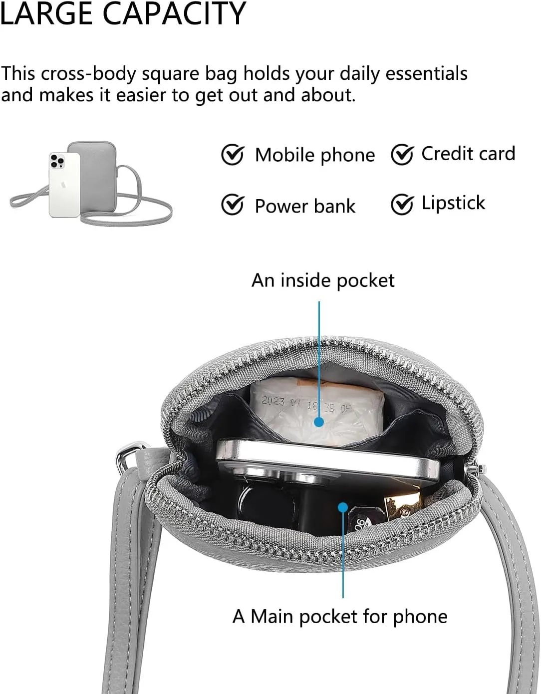 Small Crossbody Purse Zipper Cell Phone Bag Mini Shoulder Purse Wallet Smart Phone Wallet with Credit Card Solts