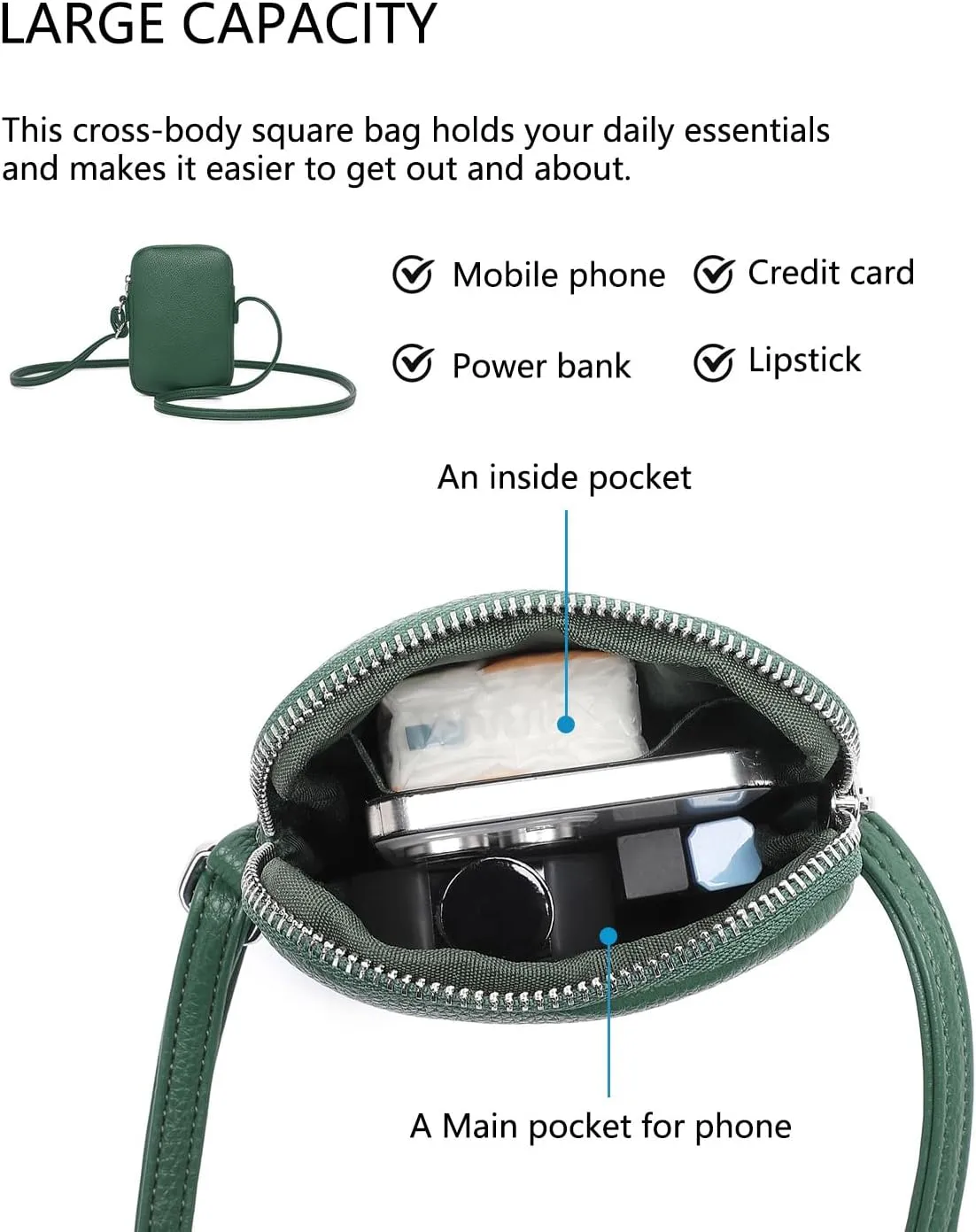 Small Crossbody Purse Zipper Cell Phone Bag Mini Shoulder Purse Wallet Smart Phone Wallet with Credit Card Solts