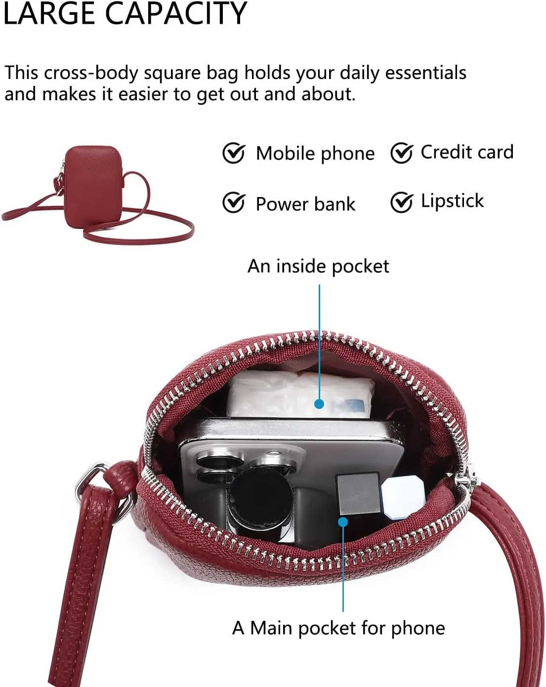 Small Crossbody Purse Zipper Cell Phone Bag Mini Shoulder Purse Wallet Smart Phone Wallet with Credit Card Solts