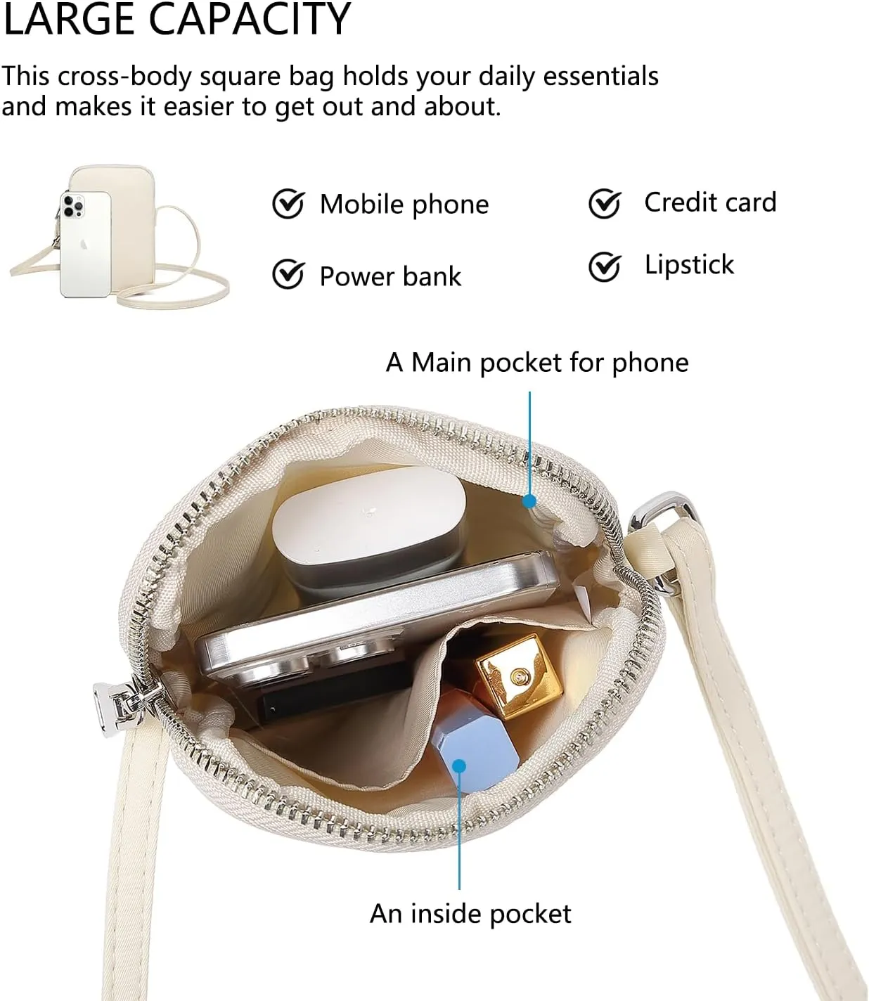 Small Crossbody Purse Zipper Cell Phone Bag Mini Shoulder Purse Wallet Smart Phone Wallet with Credit Card Solts