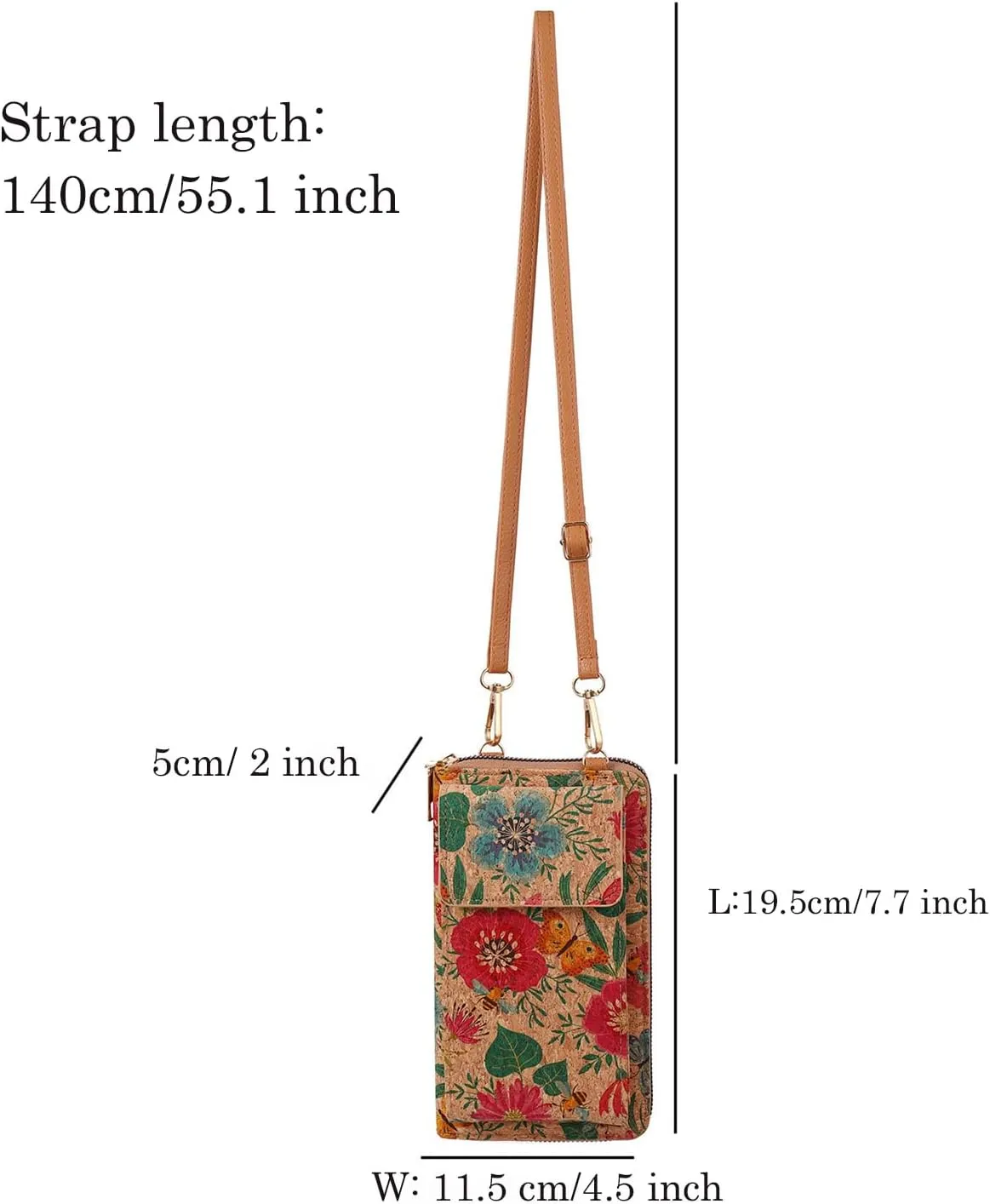 Small Phone Shoulder Bag, Cork Women's Phone Wallet with Card Slots, Shoulder Strap, For Cell Phones less than 6.9"