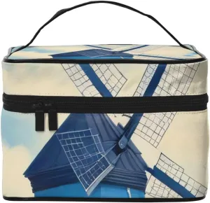 Small Windmill Blue Print Makeup Bag,Travel Cosmetic Bag with Zipper for Women Square Make Up Bags Organizer