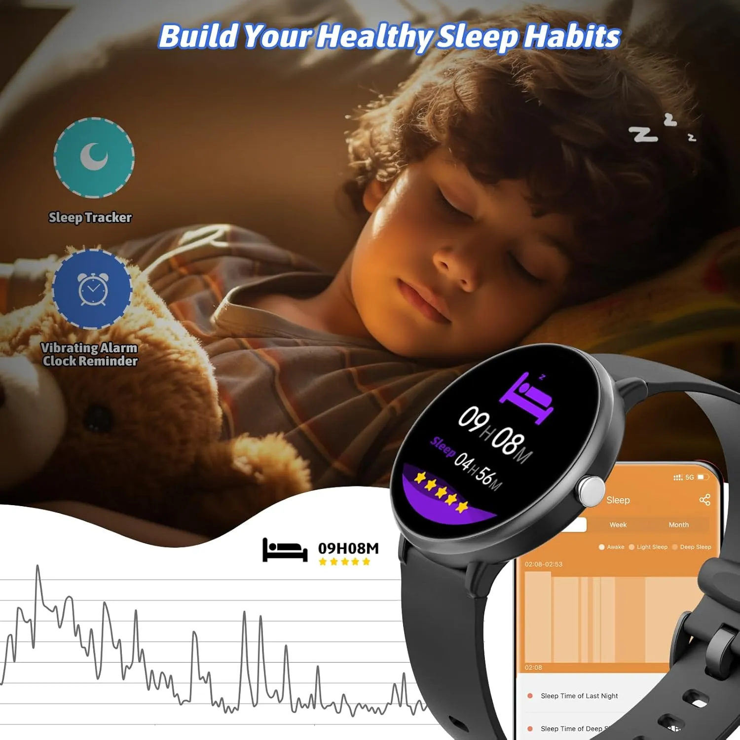 Smart Watch for Kids Boy Girl, No Phone Needed Kids Watch Waterproof with 19 Sport Modes, Pedometer, Sleep Monitor, Kids Watch for Girls Boys 6-16 Birthday Gifts Toy Gift (Black)