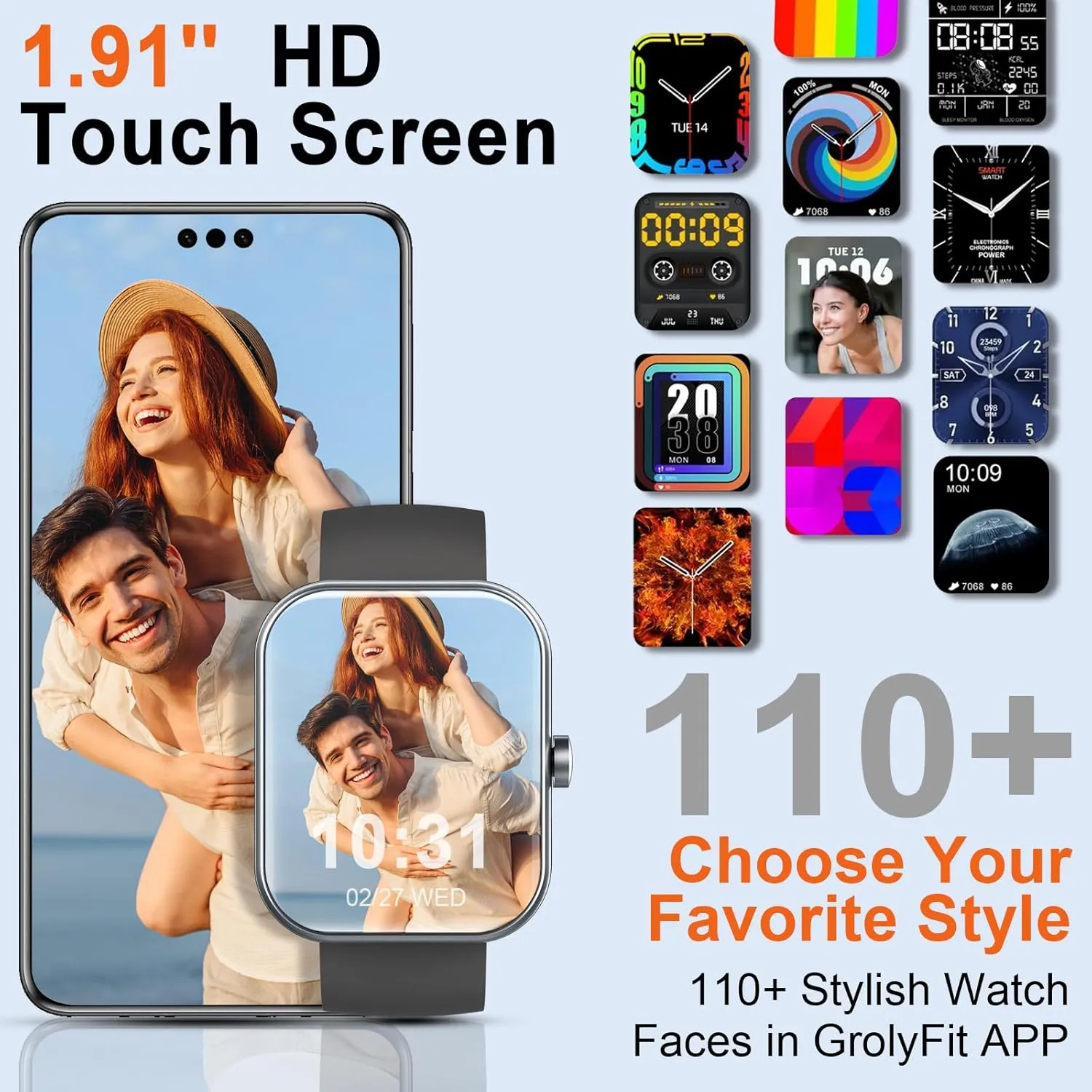 Smart Watch(Answer/Make Calls), 1.91" Smartwatches for Men Women, Fitness Tracker with 110  Sport Modes, IP68 Waterproof, Heart Rate/Sleep/Spo2 Monitor, Pedometer, Activity Tracker for Android iOS