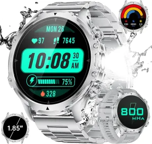 Smart Watches for Men(LED Flashlight), 1.85'' HD Large Smartwatch, 800mAh/5ATM Waterproof/Pedometer/100  Sports Fitness Tracker Watch, Rugged Smart Watch for Men Compatible Android iPhone