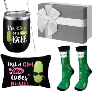 Soaoo Funny Pickle Lovers Birthday Gifts Just a Girl Who Loves Pickles Makeup Bag 12 oz Stainless Steel Tumbler Sock Present Box Mother Day Birthday Gift for Her(Green and Black)