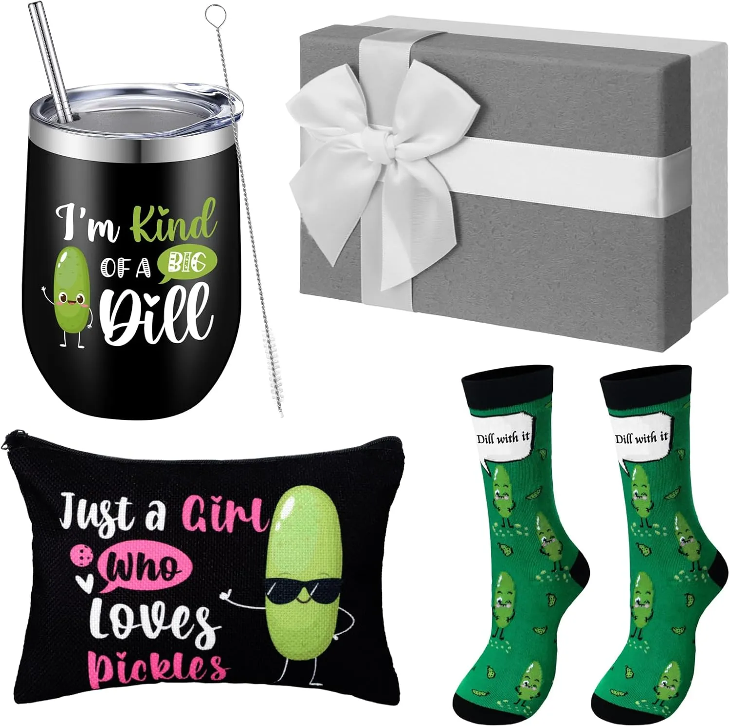 Soaoo Funny Pickle Lovers Birthday Gifts Just a Girl Who Loves Pickles Makeup Bag 12 oz Stainless Steel Tumbler Sock Present Box Mother Day Birthday Gift for Her(Green and Black)
