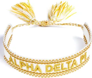Sorority Shop Alpha Delta Pi Bracelet — Woven Bracelet, White and Gold Design with ADP Sorority Name and Tassels, Greek Sorority Jewelry and Big Little Sorority Gifts