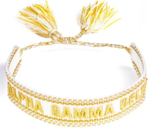 Sorority Shop Alpha Gamma Delta Bracelet — Woven Bracelet, White and Gold Design with AGD Sorority Name and Tassels, Greek Sorority Jewelry and Big Little Sorority Gifts