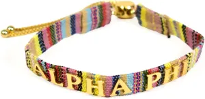 Sorority Shop Alpha Phi Bracelet — Multi-Color Woven Bracelet with Gold-plated Sorority Name and Adjustable Clasp