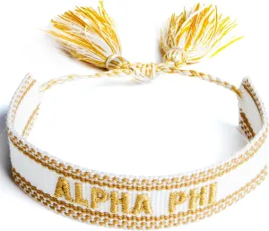 Sorority Shop Alpha Phi Bracelet — Woven Bracelet, White and Gold Design with AP Sorority Name and Tassels, Greek Sorority Jewelry and Big Little Sorority Gifts