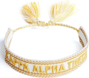 Sorority Shop Kappa Alpha Theta Bracelet — Woven Bracelet, White and Gold Design with KAT Sorority Name and Tassels, Greek Sorority Jewelry and Big Little Sorority Gifts