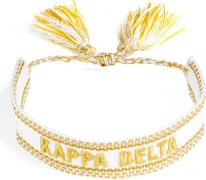 Sorority Shop Kappa Delta Bracelet — Woven Bracelet, White and Gold Design with KD Sorority Name and Tassels, Greek Sorority Jewelry and Big Little Sorority Gifts