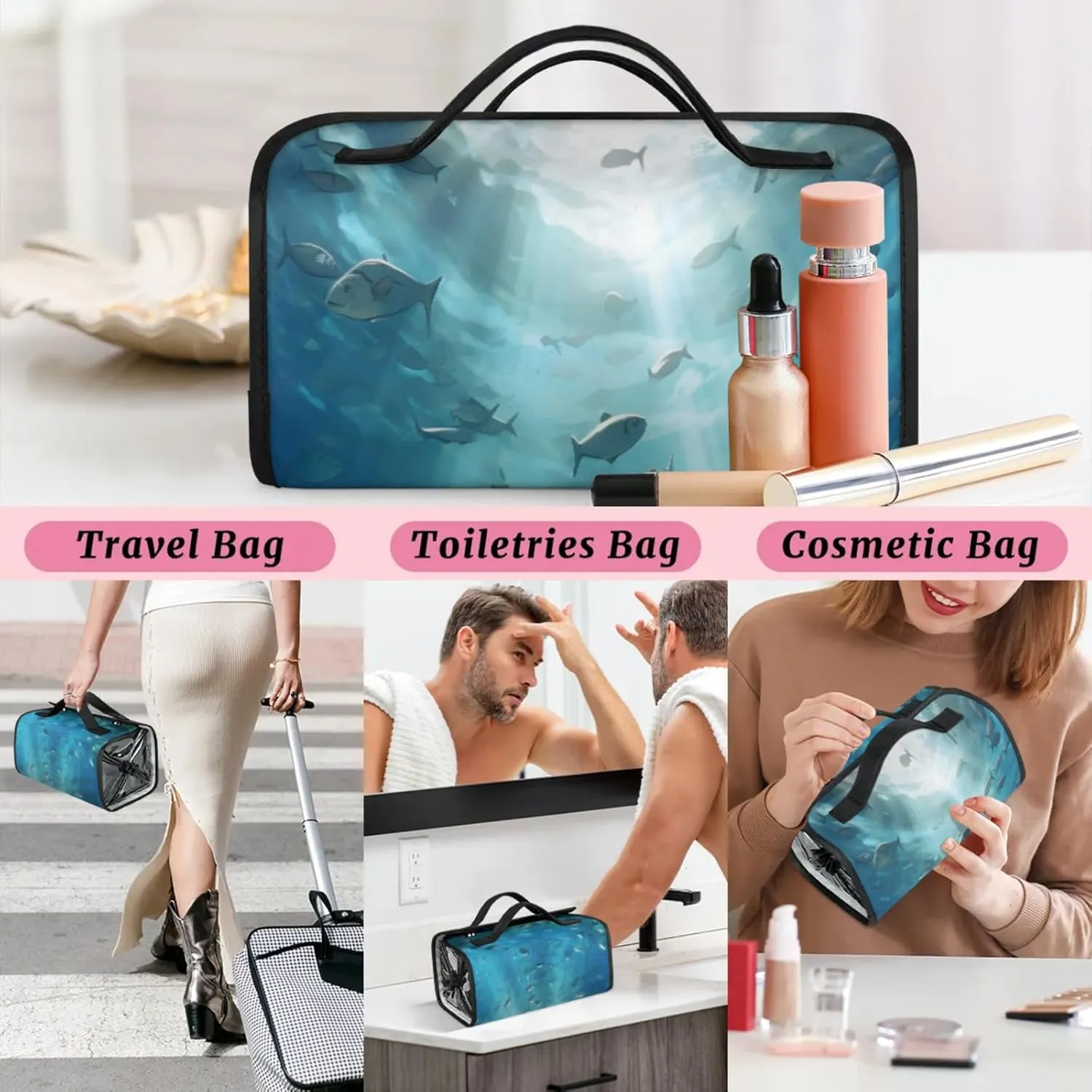 Spectacular Underwater Toiletry Bag Water Proof Travel Makeup Case Large Capacity 4 in 1 Foldable Cosmetics Storage for Women Men Removable Zipper Clear PVC Pockets