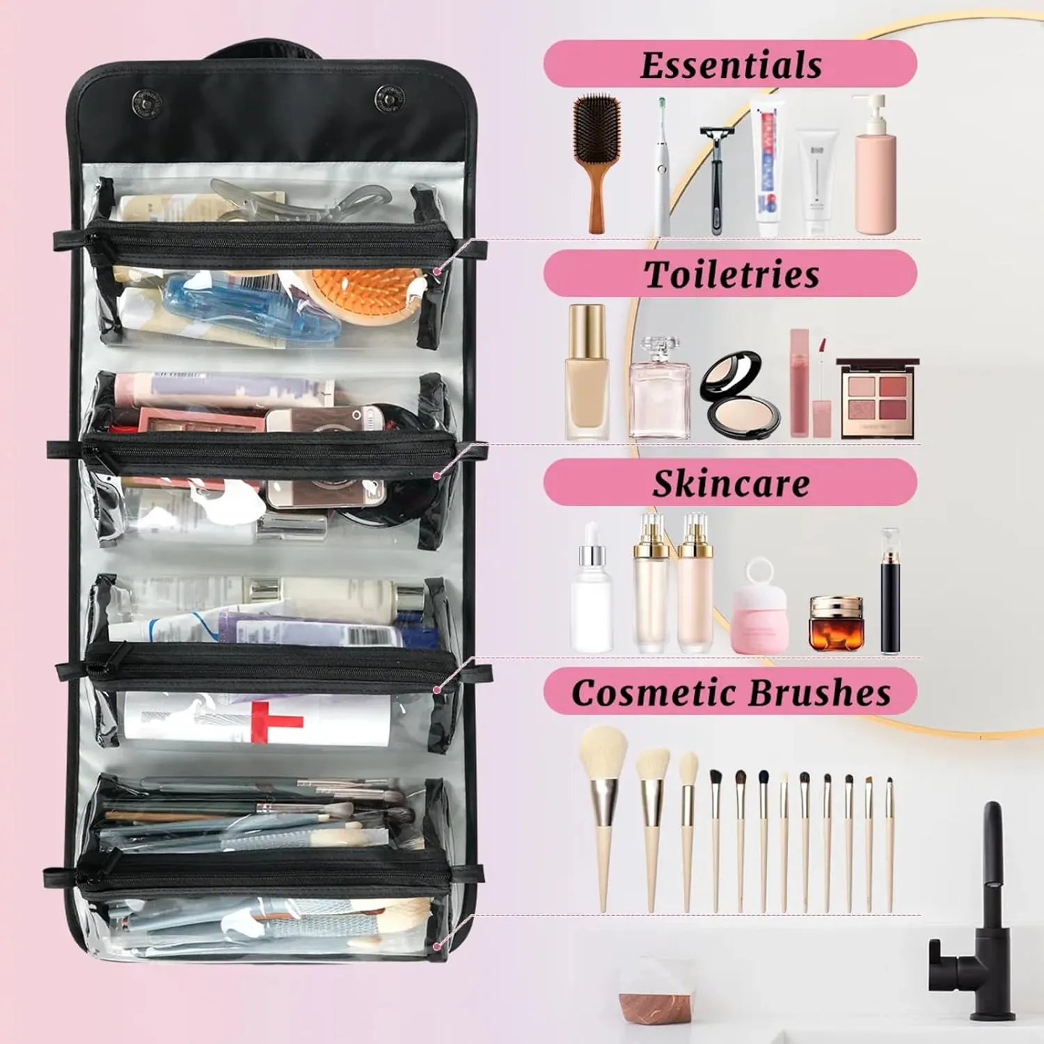 Spectacular Underwater Toiletry Bag Water Proof Travel Makeup Case Large Capacity 4 in 1 Foldable Cosmetics Storage for Women Men Removable Zipper Clear PVC Pockets