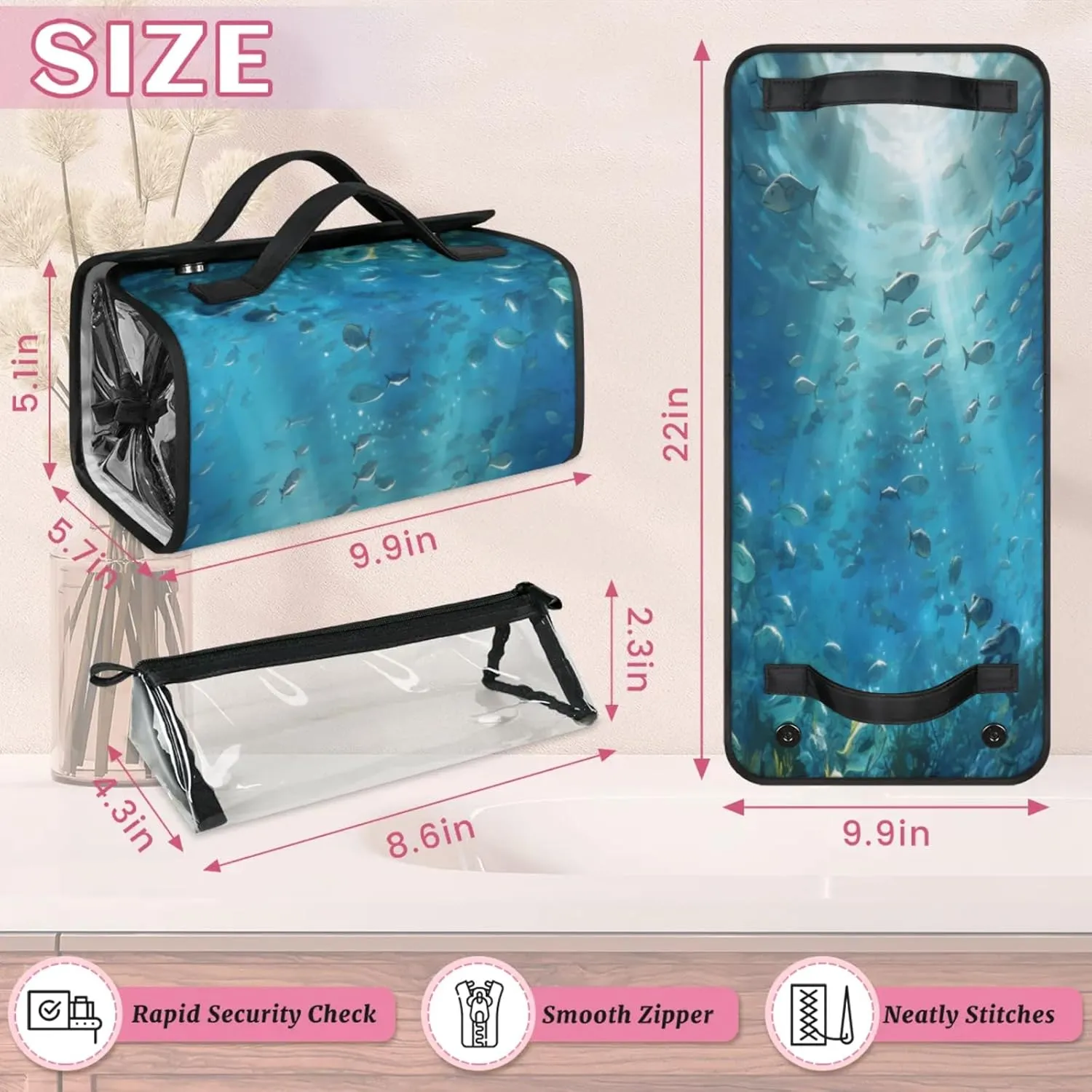 Spectacular Underwater Toiletry Bag Water Proof Travel Makeup Case Large Capacity 4 in 1 Foldable Cosmetics Storage for Women Men Removable Zipper Clear PVC Pockets