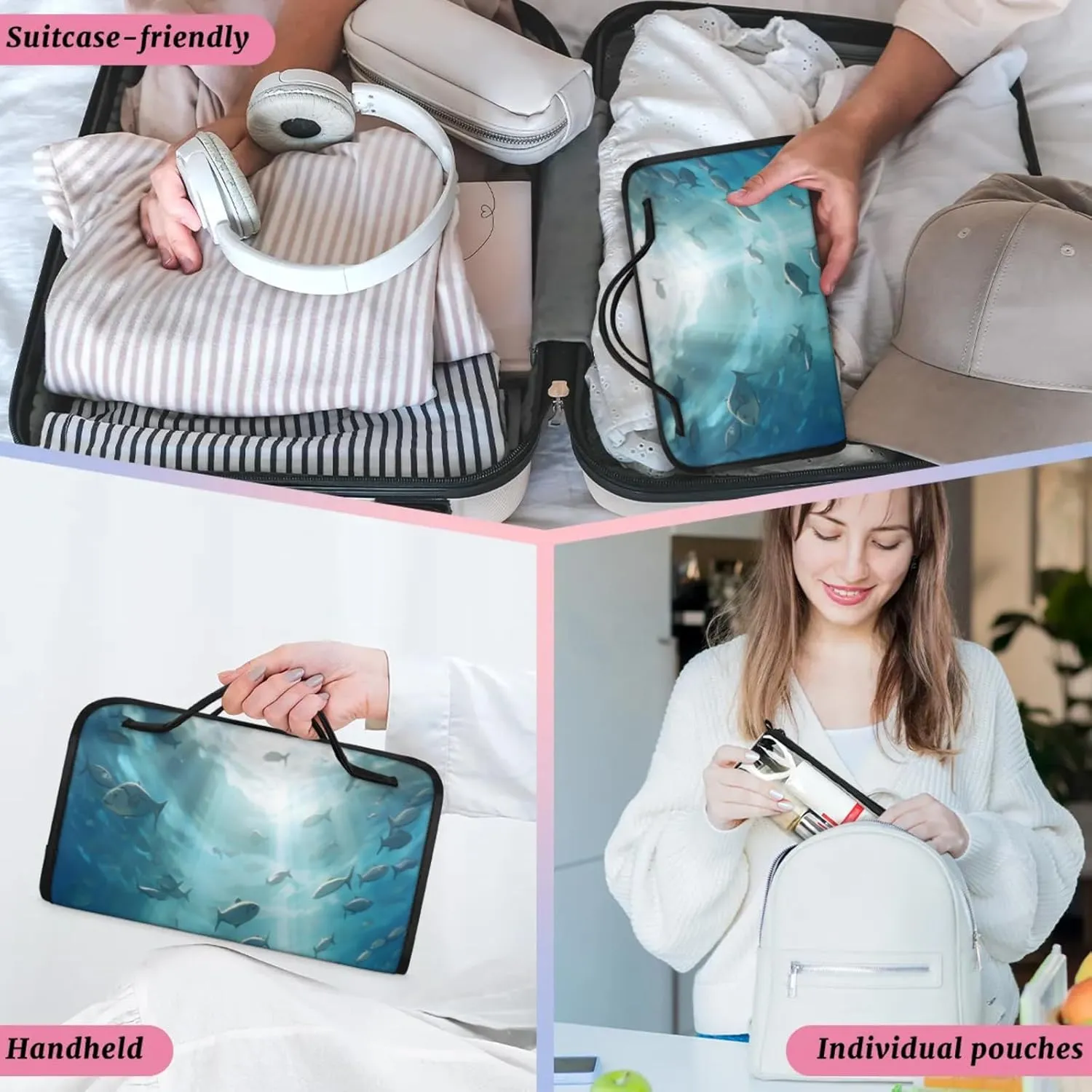 Spectacular Underwater Toiletry Bag Water Proof Travel Makeup Case Large Capacity 4 in 1 Foldable Cosmetics Storage for Women Men Removable Zipper Clear PVC Pockets