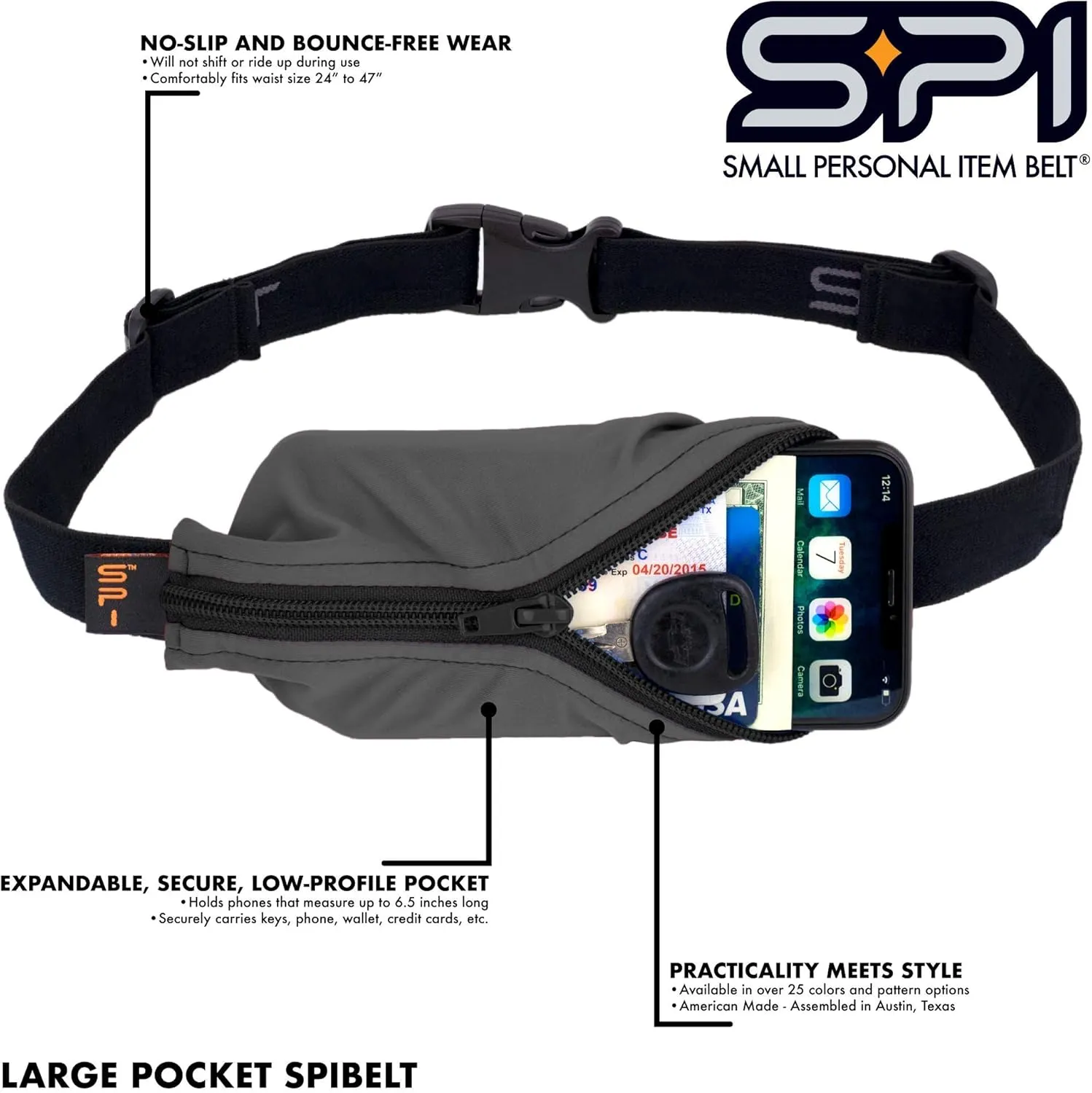 SPIbelt Original Pocket Running Belt for Women Men, Phone Holder for Running, Running Fanny Pack, Holder for Phone, Running Waist Pack, Expandable, Adjustable. Black with Turquoise Zipper