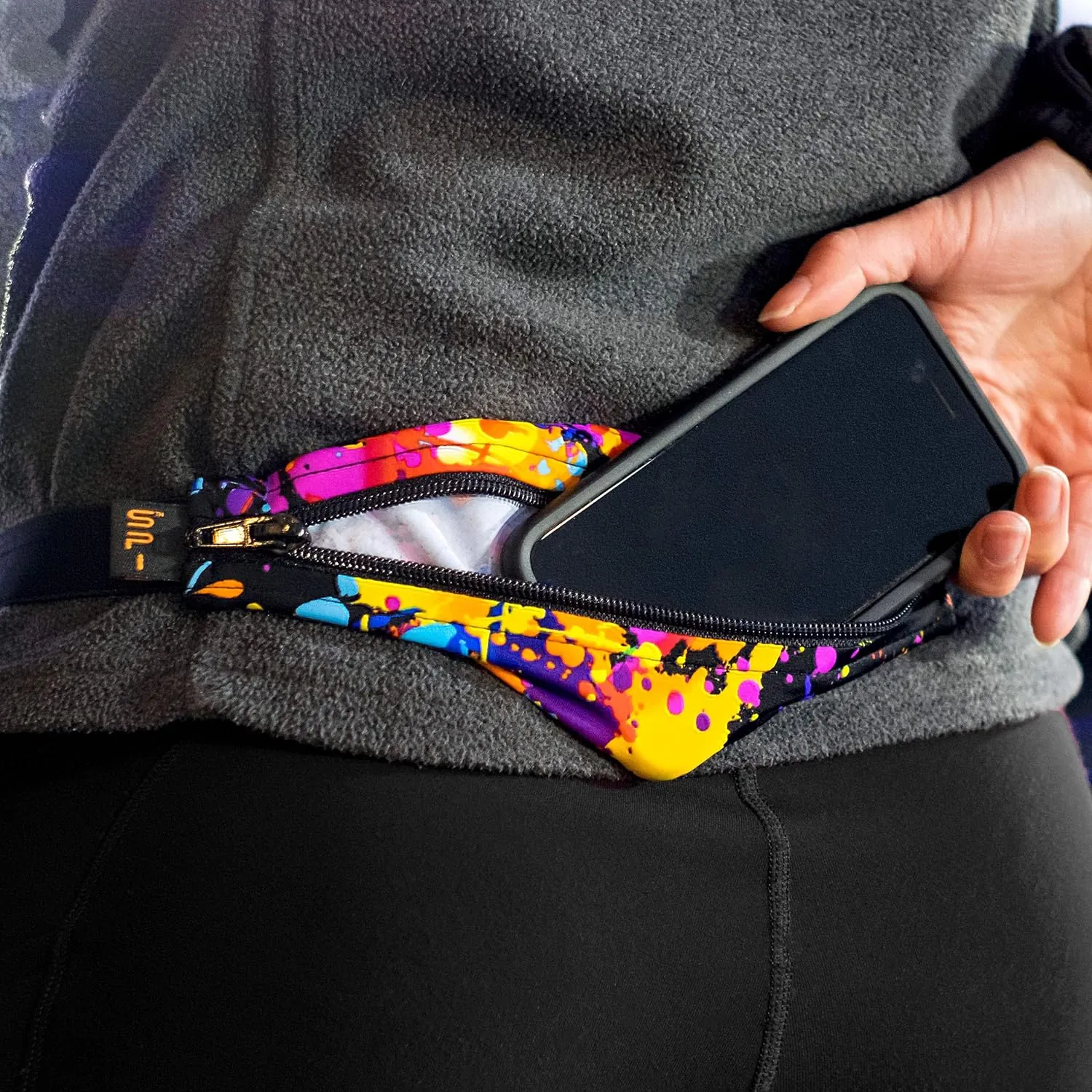SPIbelt Original Pocket Running Belt for Women Men, Phone Holder for Running, Running Fanny Pack, Holder for Phone, Running Waist Pack, Expandable, Adjustable. Black with Turquoise Zipper