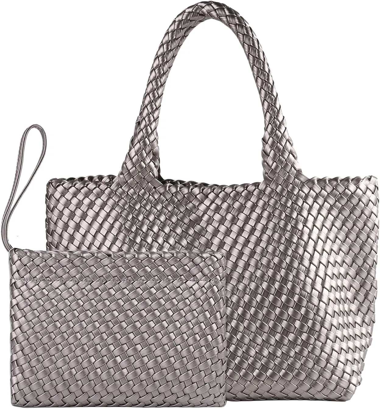 SporGenius Woven Tote Bag for Women, Vegan Leather Beach Bags with Small Purse, Large Travel Top Handle Handbags
